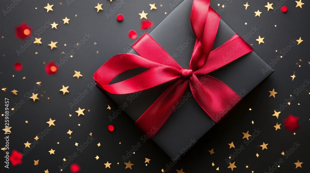 Black gift box with red ribbon placed on black surface amidst golden confetti Black gift box with red ribbon placed on black surface amidst golden confetti