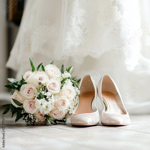 Artistic shot of the bride’s shoes on the floor next to her bouquet