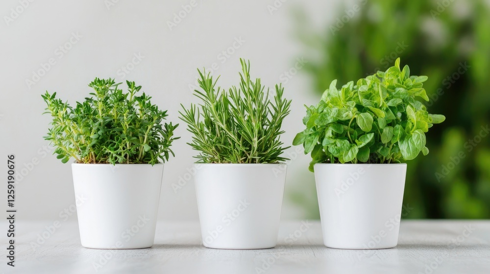 Fresh herbs in white pots on a light surface Fresh herbs in white pots on a light surface