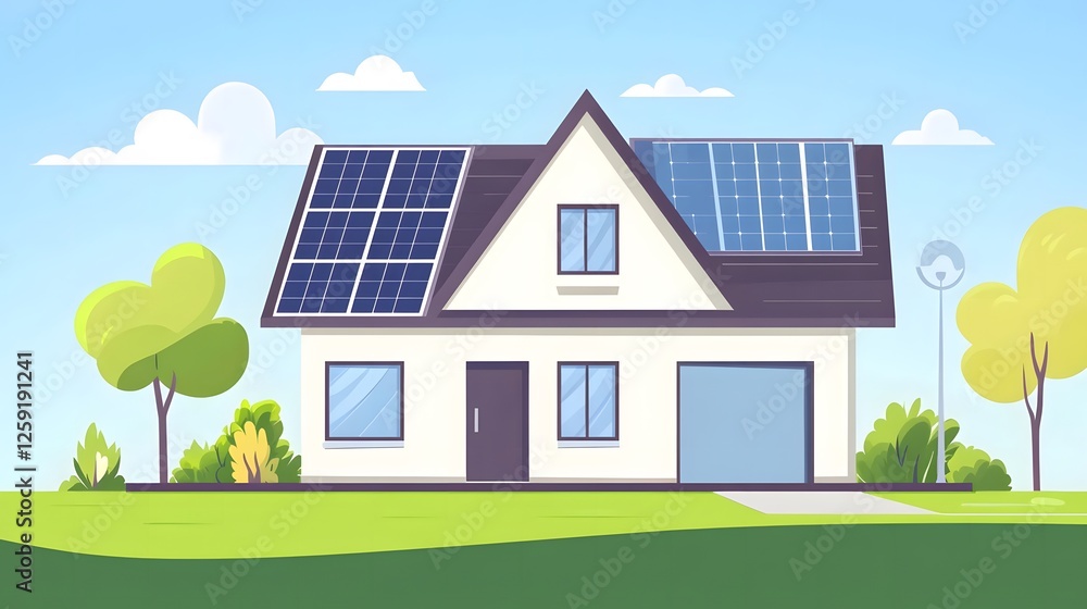 Naklejka premium Modern house with solar panels on gable roof, clean design, natural light, sustainable living concept