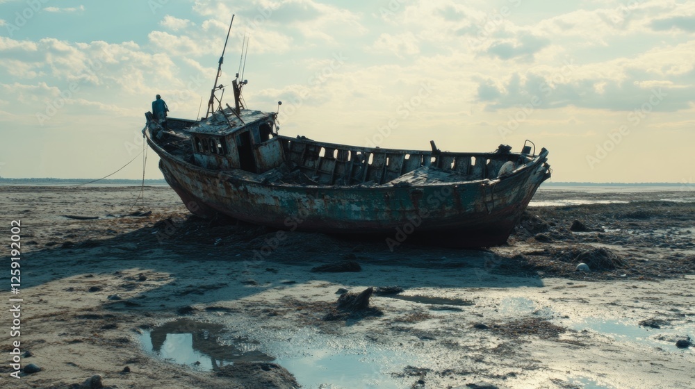 An old fisherman wrecked boat abandoned stand on beach. - ai An old fisherman wrecked boat abandoned stand on beach. - ai