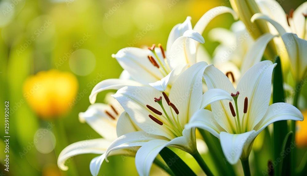 Obraz premium White Easter lily in sunlight, delicate bloom and serene beauty.