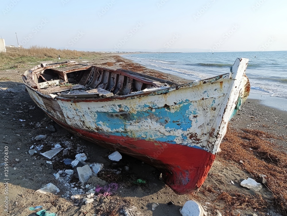 An old fisherman wrecked boat abandoned stand on beach. - ai An old fisherman wrecked boat abandoned stand on beach. - ai