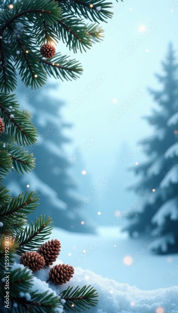 Winter Landscape Border - Fir Branches, Pine Cones, snow, rustic, fir Winter Landscape Border - Fir Branches, Pine Cones, snow, rustic, fir