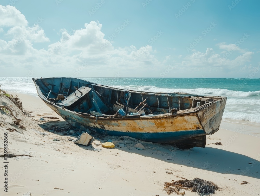 An old fisherman wrecked boat abandoned stand on beach. - ai An old fisherman wrecked boat abandoned stand on beach. - ai