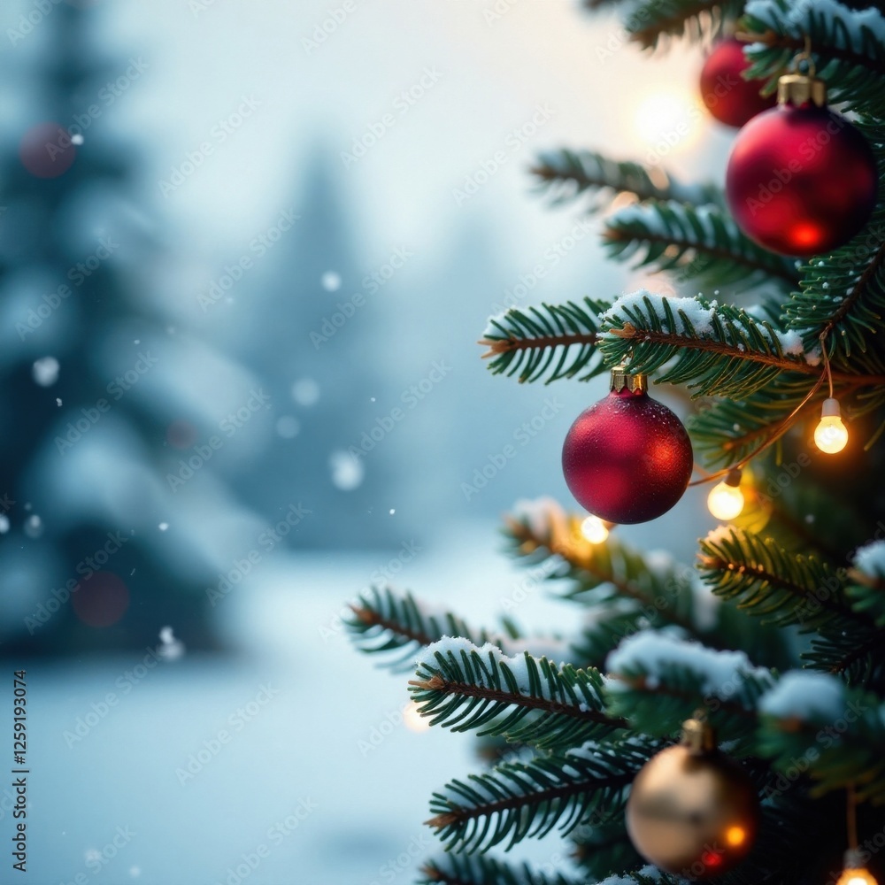 Winter snowflakes falling gently on Christmas tree branches with colorful ornaments and lights , snowflakes, season, branches Winter snowflakes falling gently on Christmas tree branches with colorful ornaments and lights , snowflakes, season, branches