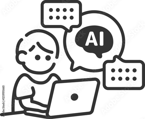 AIを活用して仕事をする、男性（線画）のイラスト