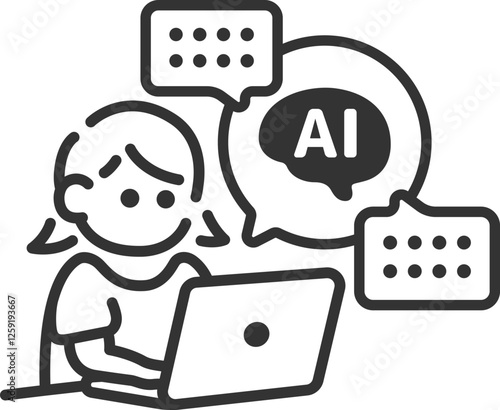 AIを活用して仕事をする、女性（線画）のイラスト
