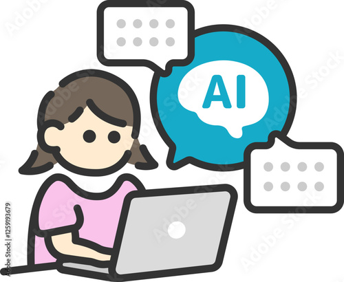 AIを活用して仕事をする、女性（線画カラー）のイラスト