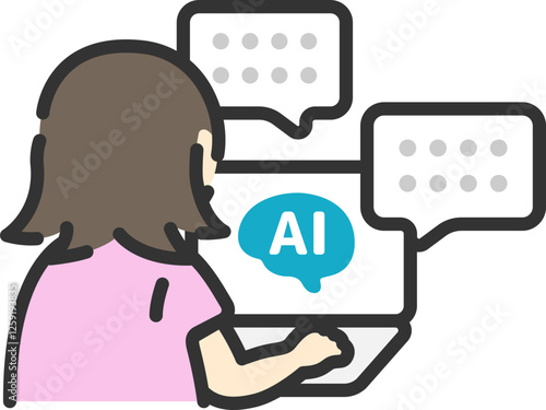 AIを活用して仕事をする、女性の後ろ姿（線画カラー）のイラスト