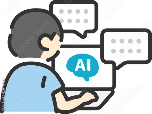 AIを活用して仕事をする、男性の後ろ姿（線画カラー）のイラスト
