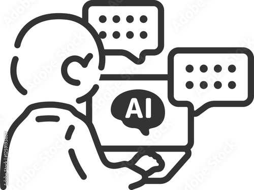 AIを活用して仕事をする、ビジネスマンの後ろ姿（線画）のイラスト