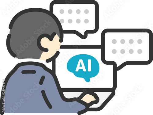 AIを活用して仕事をする、ビジネスマンの後ろ姿（線画カラー）のイラスト