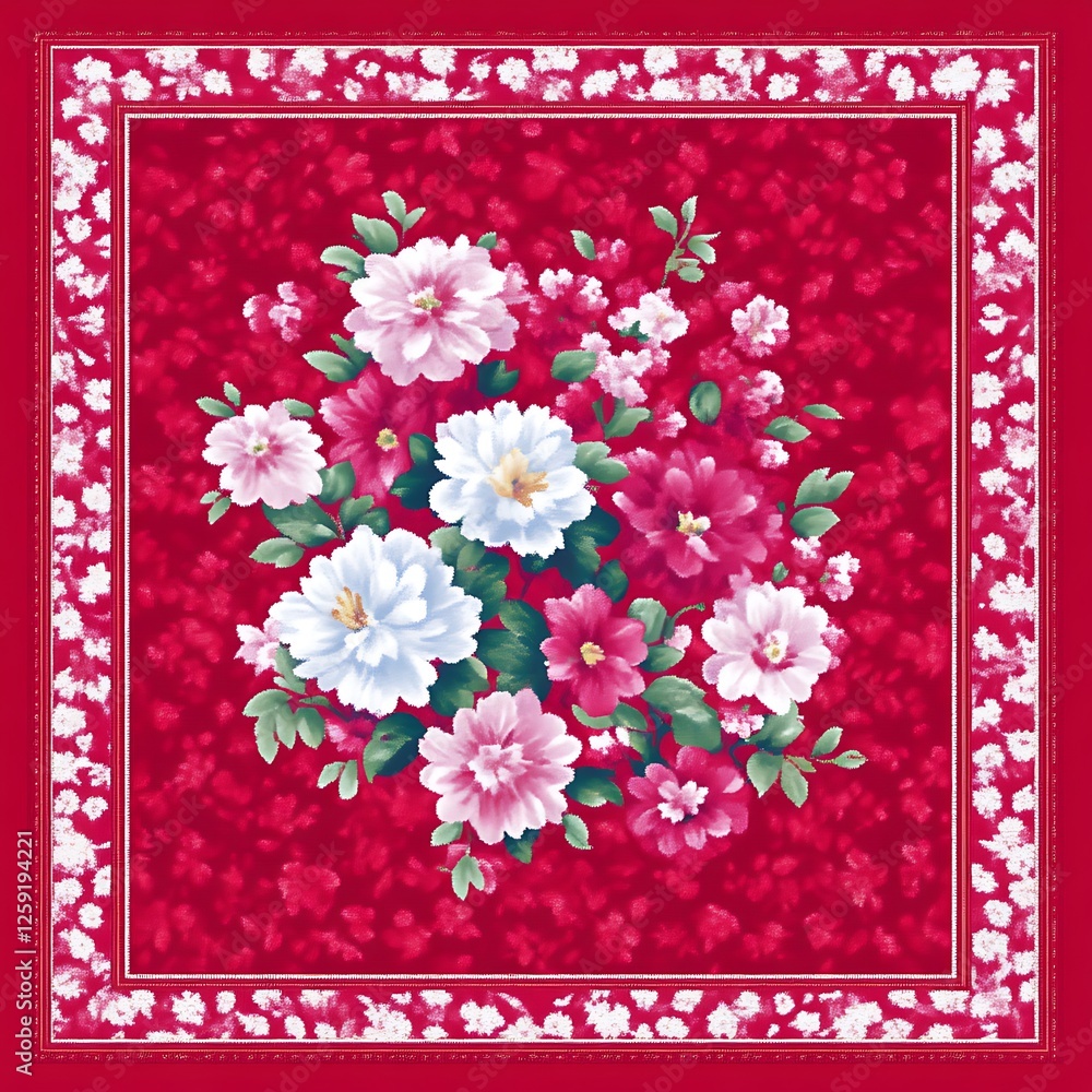 Floral fabric design, crimson background, textile print, home decor Floral fabric design, crimson background, textile print, home decor