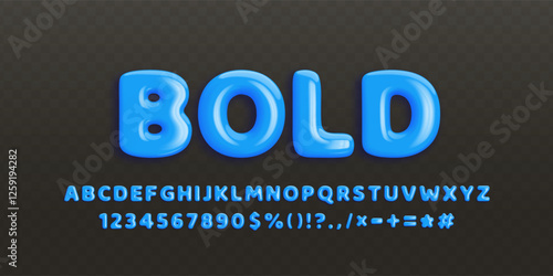 Set of glossy blue 3d letters and numbers from 0 to 9 in realistic style. Complete english alphabet with punctuation marks, symbols on black background. Decorative plastic font. Vector illustration