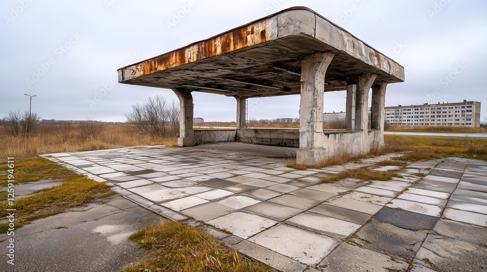 Fototapeta premium Old, rusty, and decaying bus station in a post Soviet country reflects the passage of time and urban change, showcasing visible neglect and community challenges