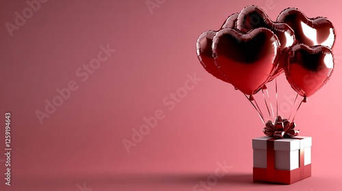 Romantic Red Heart Balloons Floating Above a Gift Box