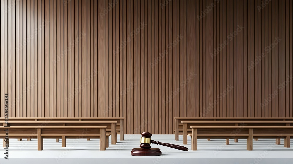 Empty Courtroom With Wooden Benches And Gavel Empty Courtroom With Wooden Benches And Gavel