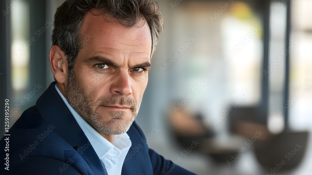 Obraz premium A focused businessman in a navy blazer exudes professionalism and determination