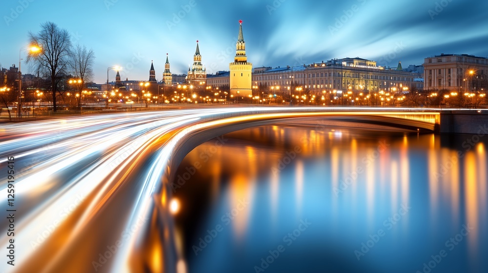 Obraz premium Light trails from cars streaking across a bridge, with the iconic Moscow Kremlin illuminated in the background, reflecting beautifully in the calm waters of the Moskva River at dusk