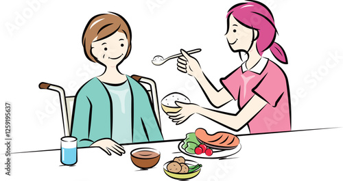 食事をする高齢女性を介助をする介護ヘルパー｜介護看護シリーズ