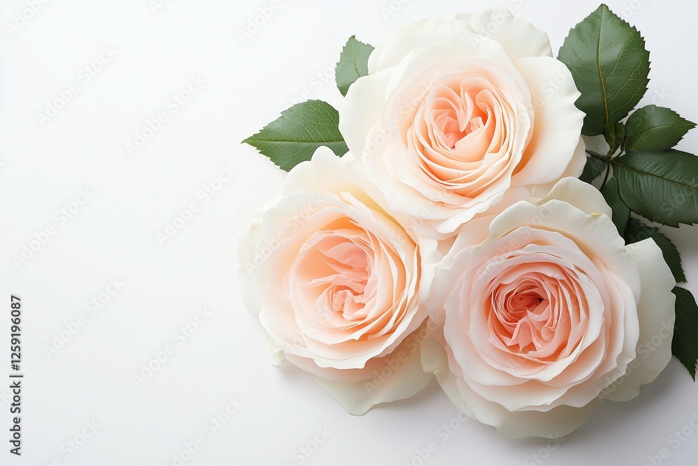 Fototapeta premium Three White Roses with Leaves. Copy space