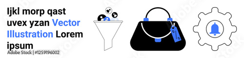 Funnel filtering data into a black handbag with a tag bell icon inside gear. Ideal for refining processes, data management, e-commerce, notifications, productivity, organization, flat landing page