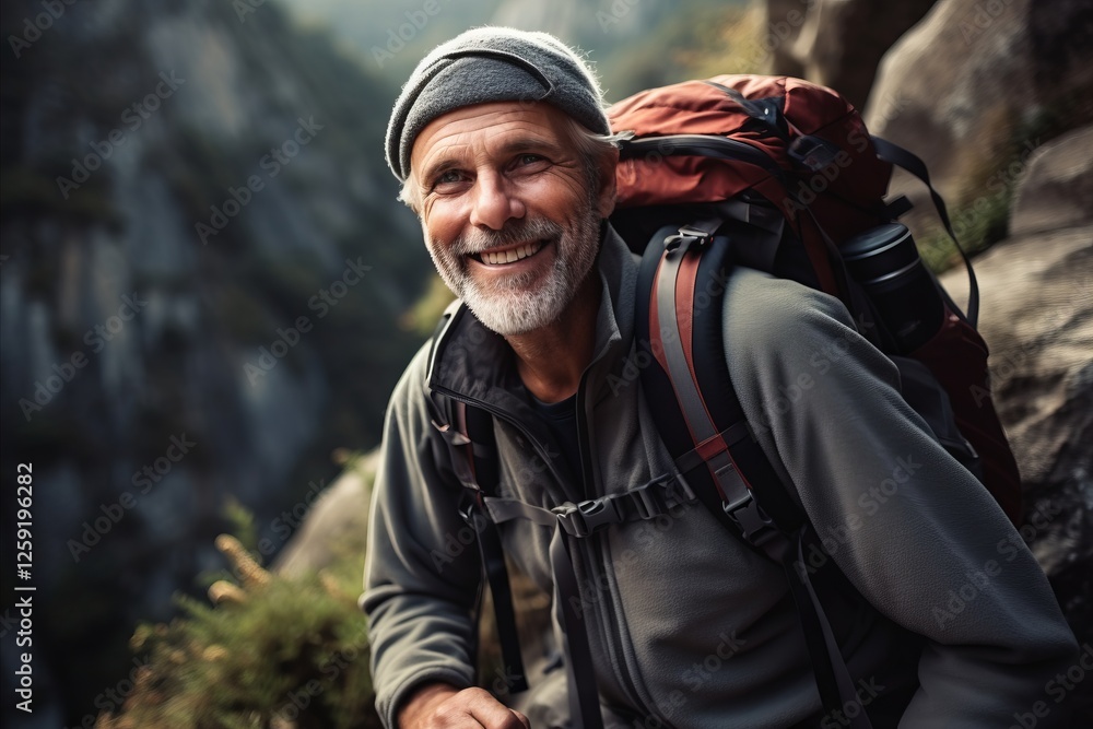 Portrait of senior man with backpack hiking in the mountains. Active lifestyle. Portrait of senior man with backpack hiking in the mountains. Active lifestyle.