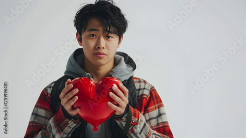 asian man hold heart bed isolated on white background