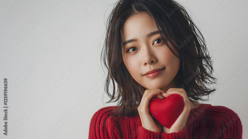 asian woman hold heart isolated on white background asian woman hold heart isolated on white background