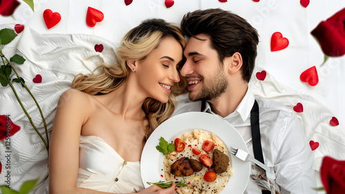 valentine love heart dinner man woman isolated on white background bed