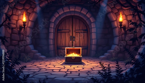 Treasure Chest Glowing in Stone Dungeon with Wooden Doorway