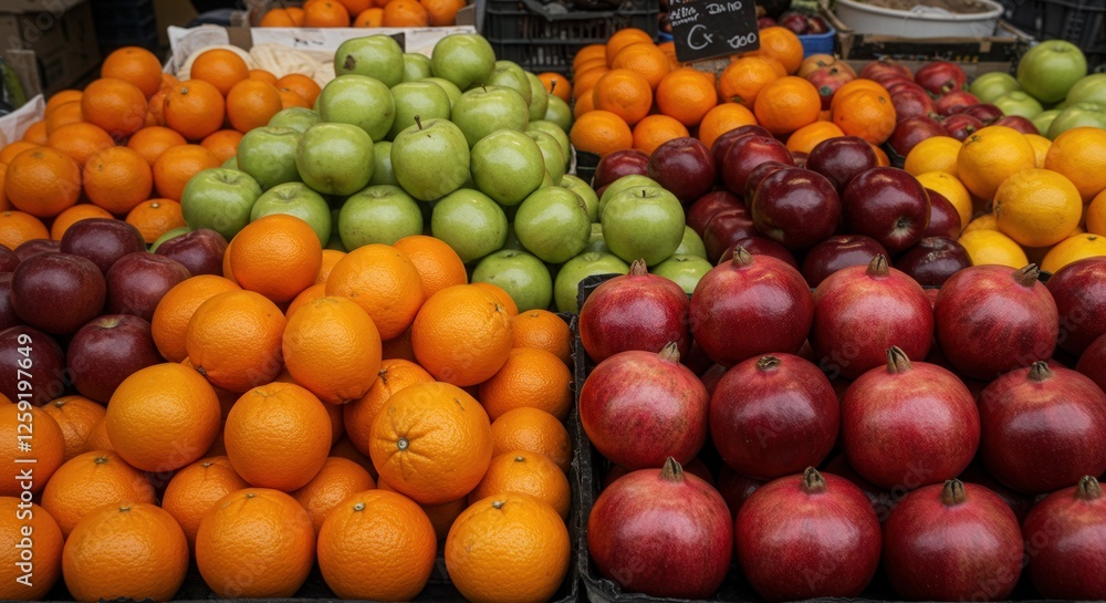 Fresh Fruit Market Display with Pomegranates, Apples and Oranges Fresh Fruit Market Display with Pomegranates, Apples and Oranges