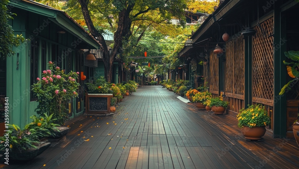 Fototapeta premium Serene Asian Alleyway: A Tranquil Stroll Through Lush Greenery and Traditional Architecture