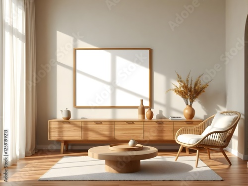 japandi-style living room with empty frame mockup, soft beige walls, minimalist wooden furniture, cozy neutral textiles, wabi-sabi textures, warm lighting