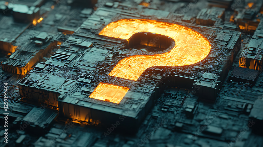Fototapeta premium Glowing Orange Question Mark on Dark Circuit Board