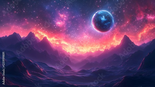 A bright sunrise paints the mountain landscape as the last stars fade into the blue sky