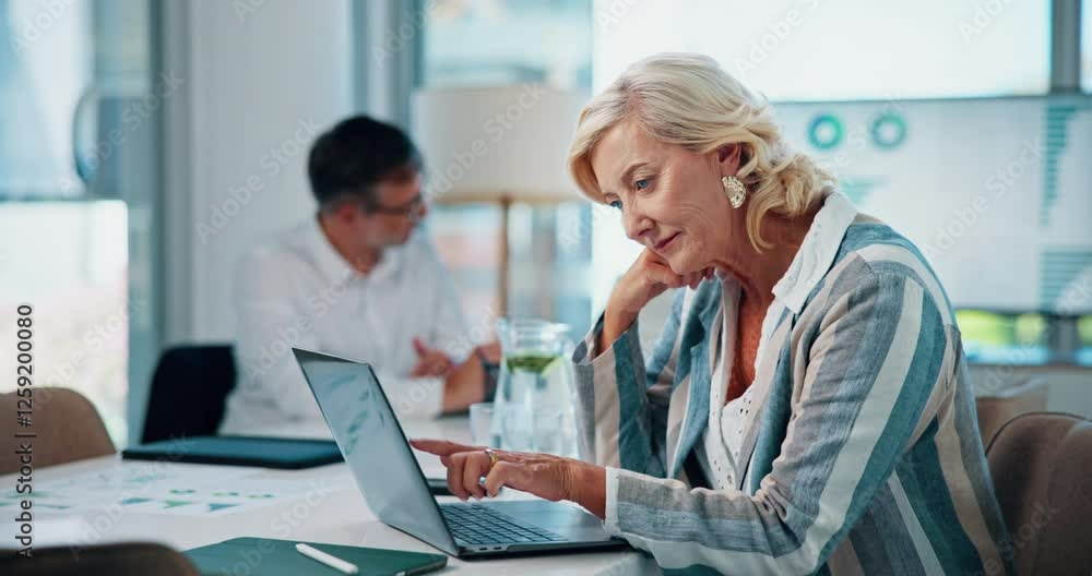 Business people, laptop and woman in office, thinking and planning with financial report. Group, research and employees with accounting, computer and internet with online reading for investment Business people, laptop and woman in office, thinking and planning with financial report. Group, research and employees with accounting, computer and internet with online reading for investment
