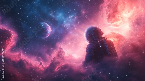 A lone astronaut gazes into the starry cosmos, a bright beacon in the dark universe