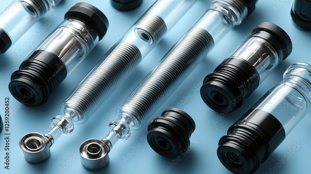 Glass tubes, metal parts, blue background, precision engineering, product design Glass tubes, metal parts, blue background, precision engineering, product design