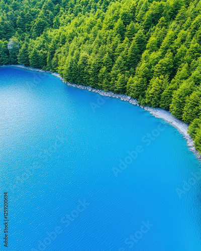 serene lake with vibrant blue water, surrounded by lush green trees