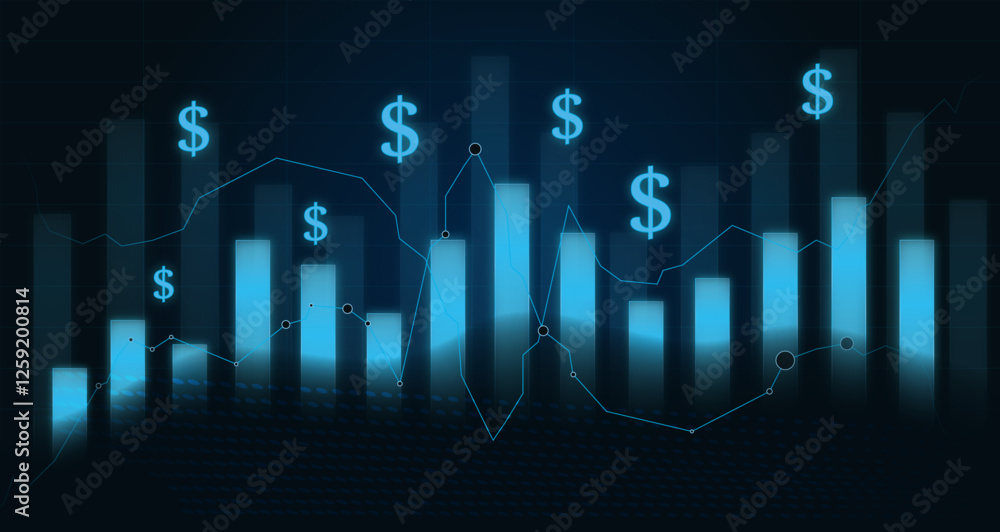 glowing blue financial chart with dollar symbols, stock market growth concept