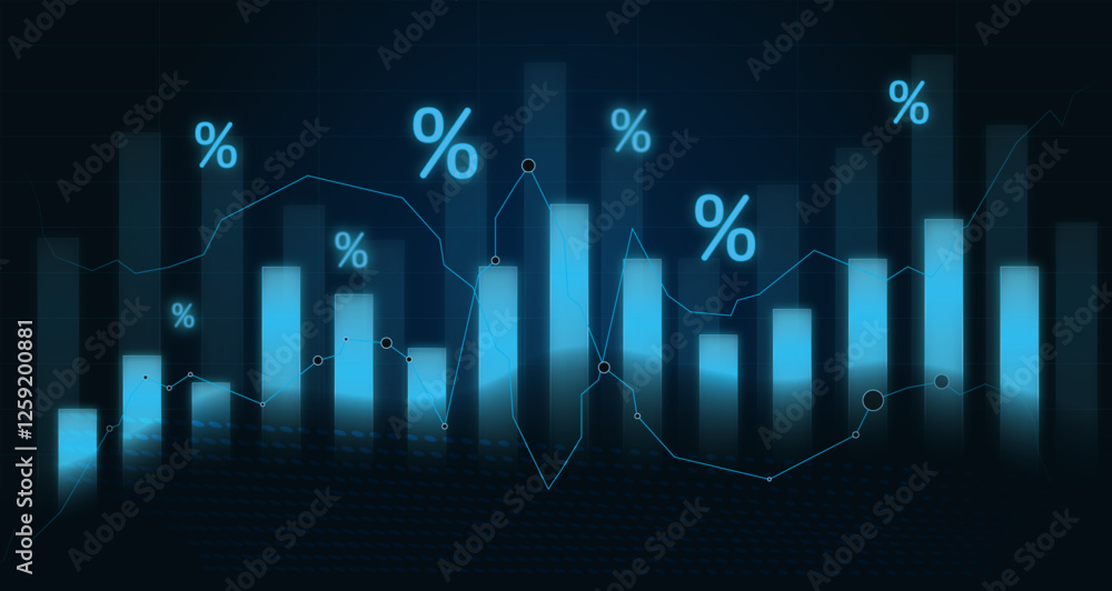 glowing blue financial chart with percentage symbols, stock market data analysis