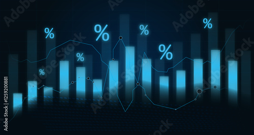 Obraz na płótnie glowing blue financial chart with percentage symbols, stock market data analysis w salonie