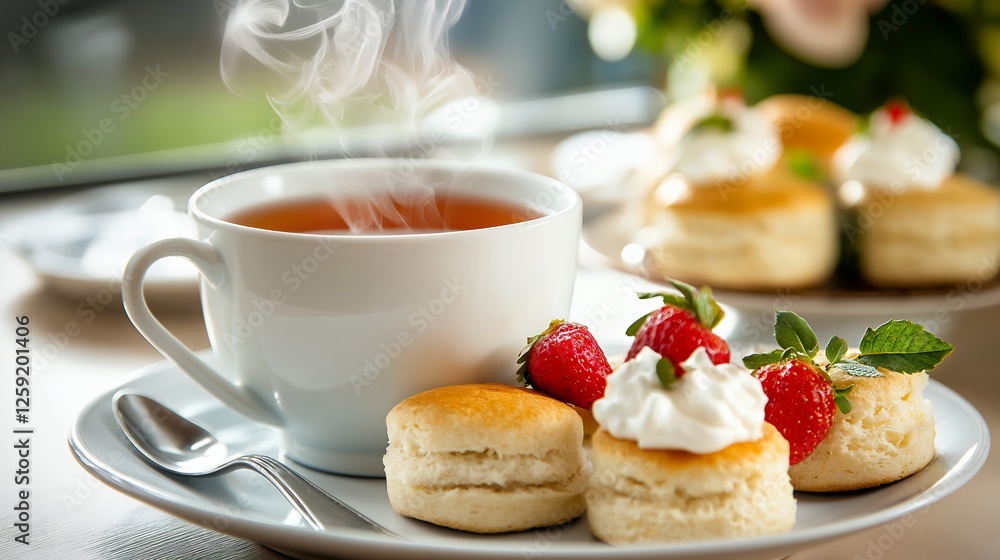 Steaming Cup Of Tea With Scones And Strawberries Steaming Cup Of Tea With Scones And Strawberries