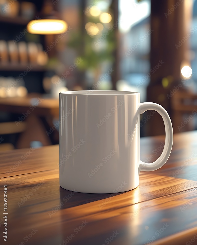 Fototapeta premium A white ceramic coffee mug on a wooden café table with a blurred background. Perfect for branding mockups, product presentations, or design customization concepts.