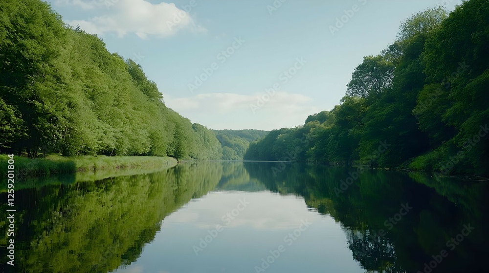 Serene River With Lush Forest Reflection Serene River With Lush Forest Reflection