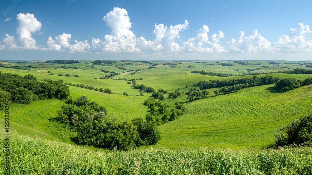 Obraz premium Rolling green hills under a summer sky, idyllic farmland landscape, agriculture