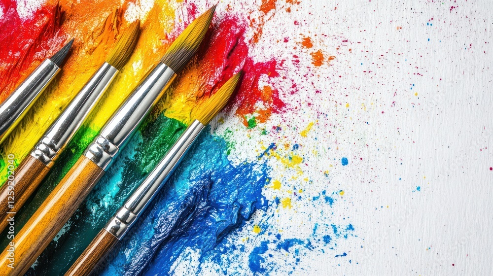 Obraz premium Colorful paintbrushes on vibrant palette, white background, art supplies, creative design