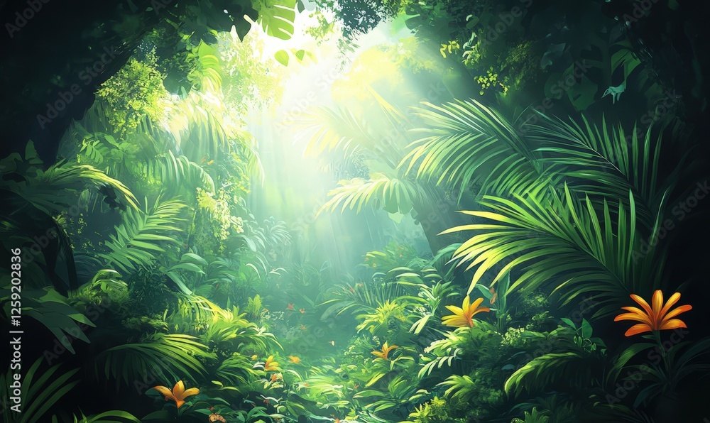 A breathtaking view of a vibrant tropical rainforest featuring diverse plants, bright foliage, and calming sunlight beams, evoking tranquility and a connection to untouched, natural wilderness. A breathtaking view of a vibrant tropical rainforest featuring diverse plants, bright foliage, and calming sunlight beams, evoking tranquility and a connection to untouched, natural wilderness.
